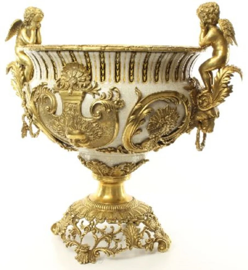 Casa Padrino Luxus Barock Porzellan Blumentopf Engel Weiß / Gold H. 60 cm - Prunkvoller Porzellan Pflanzentopf - Barock Porzellan Deko Accessoires