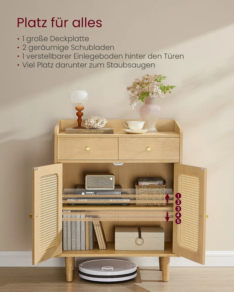 Sideboard – Stilvoller Aufbewahrungsschrank mit Rattan- und Massivholzbeinen
