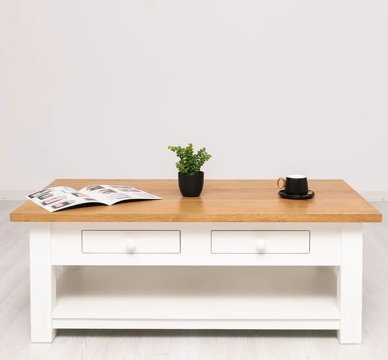 Couchtisch aus Massivholz mit zwei Schubladen - Kaffeetisch mit Tischplatte aus Eiche