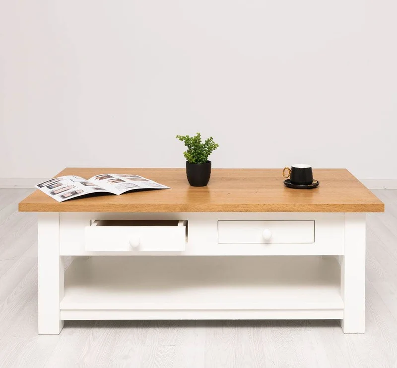 Couchtisch aus Massivholz mit zwei Schubladen - Kaffeetisch mit Tischplatte aus Eiche