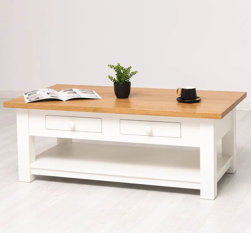 Couchtisch aus Massivholz mit zwei Schubladen - Kaffeetisch mit Tischplatte aus Eiche