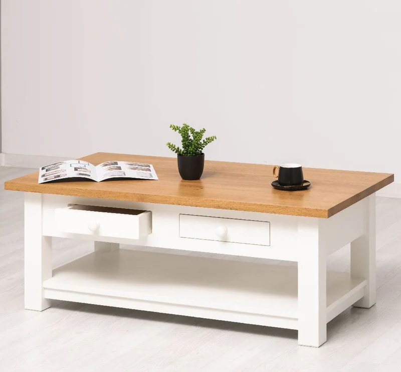 Couchtisch aus Massivholz mit zwei Schubladen - Kaffeetisch mit Tischplatte aus Eiche
