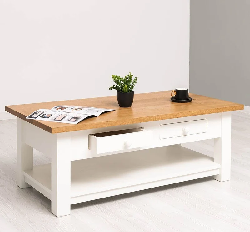 Couchtisch aus Massivholz mit zwei Schubladen - Kaffeetisch mit Tischplatte aus Eiche