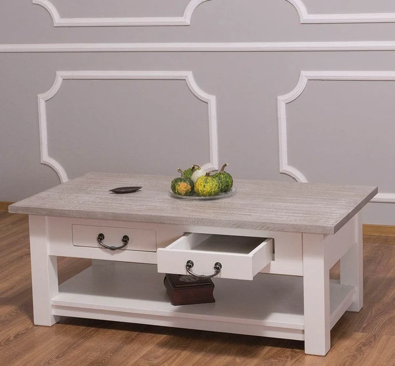 Couchtisch aus Massivholz mit zwei Schubladen - Kaffeetisch mit Tischplatte aus Eiche