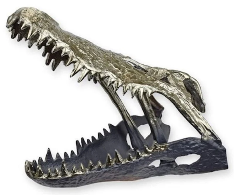 Casa Padrino Luxus Aluminium Deko Skulptur Krokodil Schädel Silber / Schwarz 36 x 24,2 x H. 30 cm - Aluminium Deko Figur - Wohnzimmer Deko - Schreibtisch Deko
