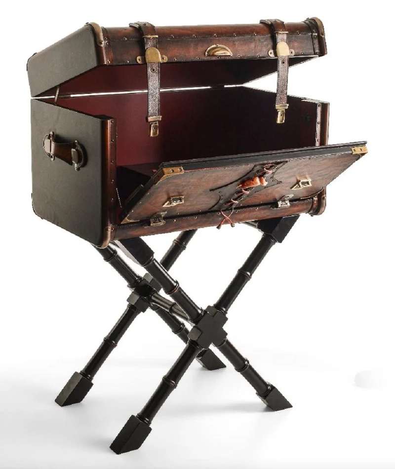 Casa Padrino Luxus Leder Minibar in Koffer Optik Braun / Schwarz / Messing 45,5 x 45,5 x H. 73 cm - Echtleder Minibar - Bar Möbel - Echtleder Möbel - Luxus Möbel in Koffer Optik