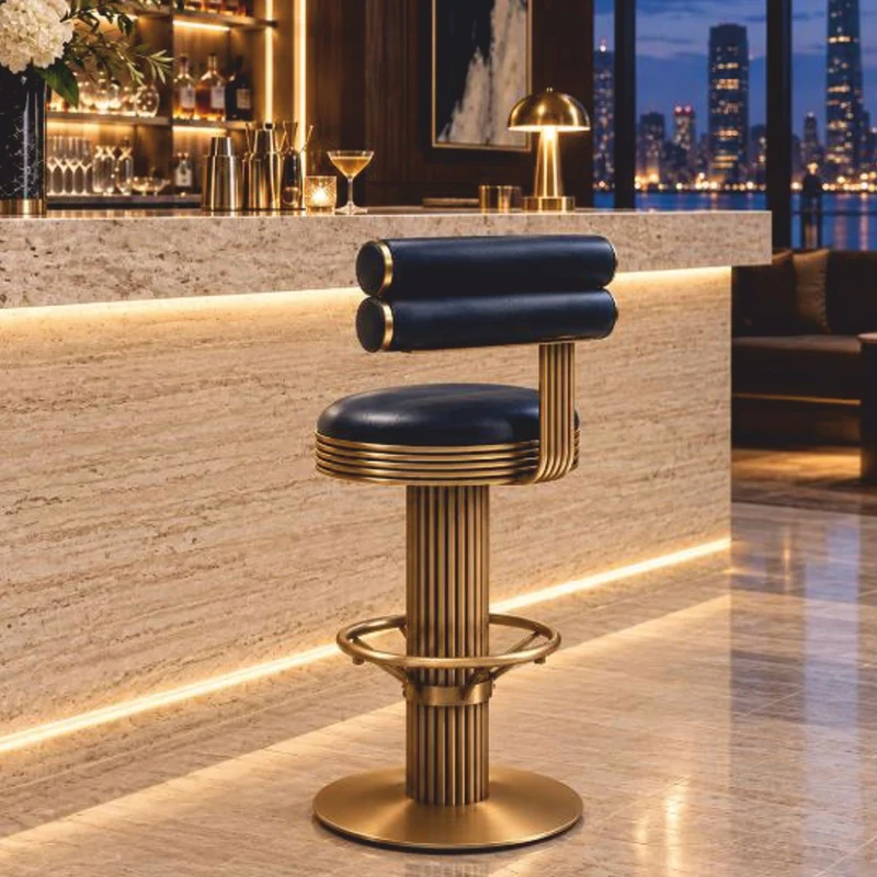 Casa Padrino Luxus Kunstleder Barstuhl Dunkelblau / Messing H. 96 cm - Bar Möbel - Hotel Möbel - Luxus Möbel