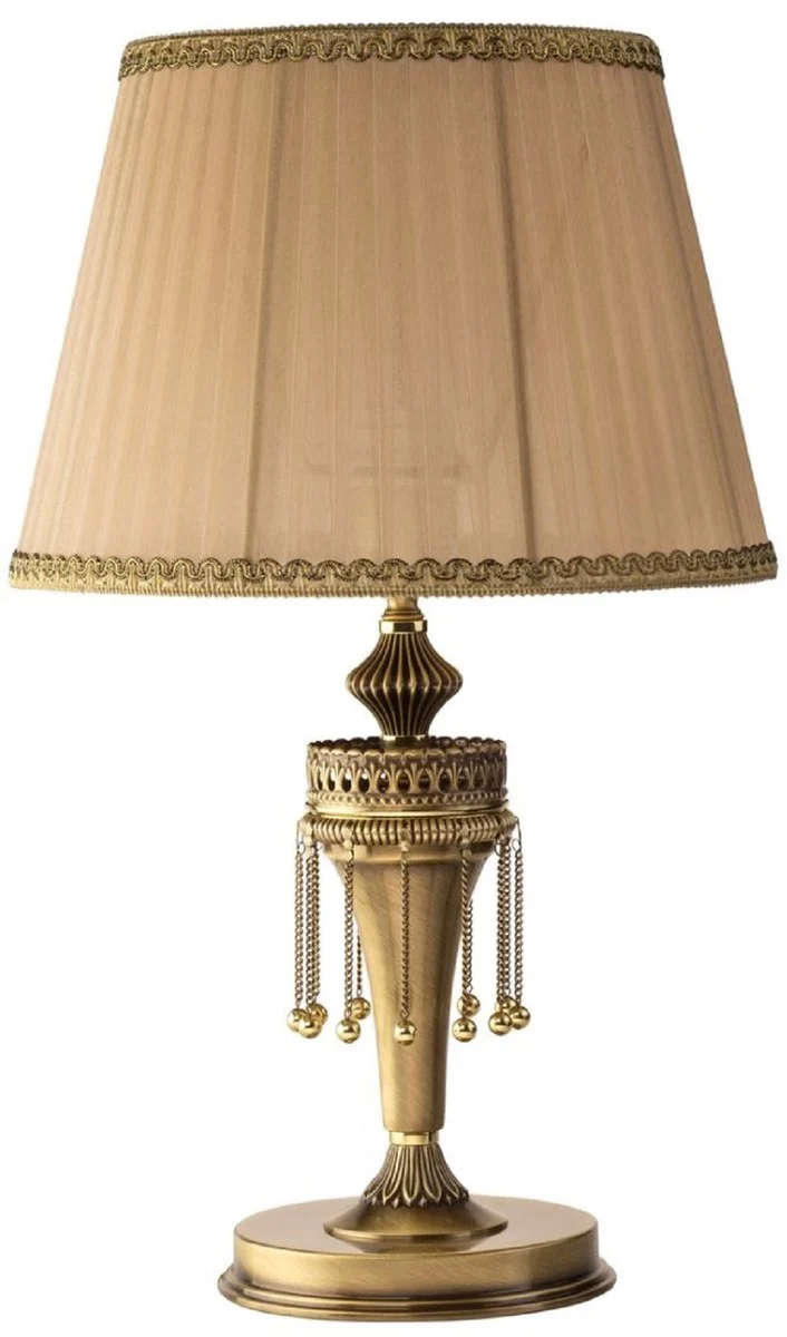 Casa Padrino Luxus Barock Tischleuchte Messing mit Patina / Beige / Gold Ø 30 x H. 50 cm - Runde Messing Schreibtischleuchte mit Lampenschirm - Barock Leuchten