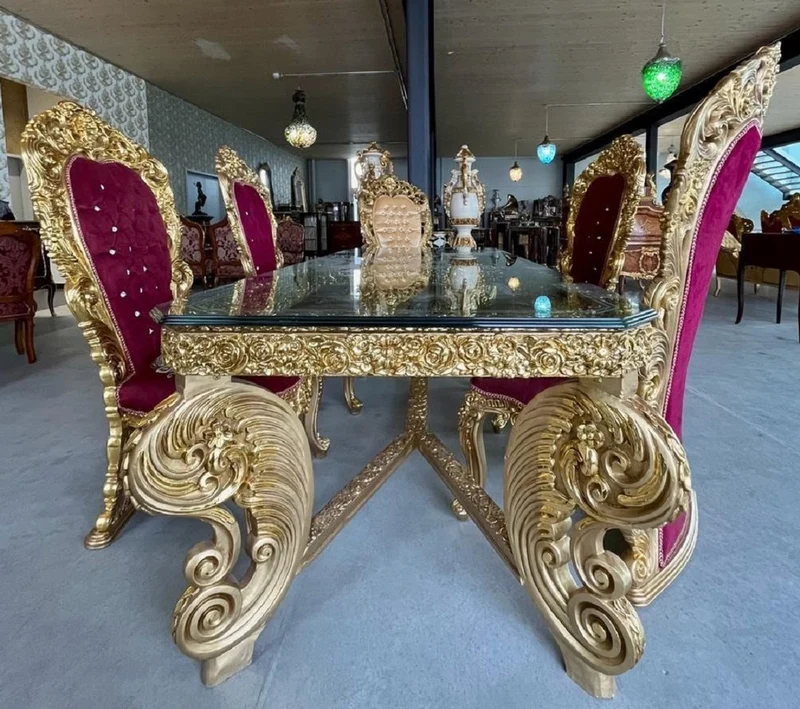 Casa Padrino Barock Esszimmer Set Bordeauxrot / Gold / Schwarz - 1 Barock Esstisch & 6 Barock Esszimmerstühle - Barock Esszimmer Möbel - Edel & Prunkvoll