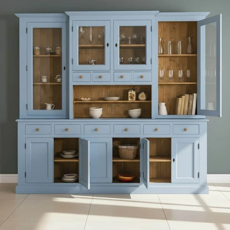 Großer Geschirrschrank aus Massivholz | Vitrine | 2-teilig | 9 Türen | 6 Schubladen
