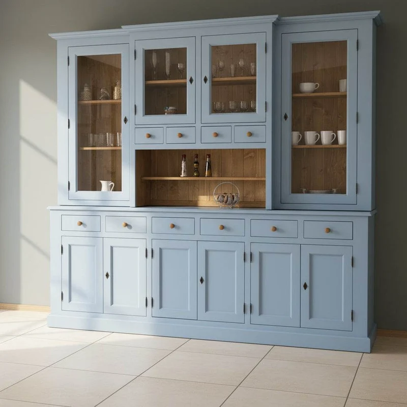 Großer Geschirrschrank aus Massivholz | Vitrine | 2-teilig | 9 Türen | 6 Schubladen