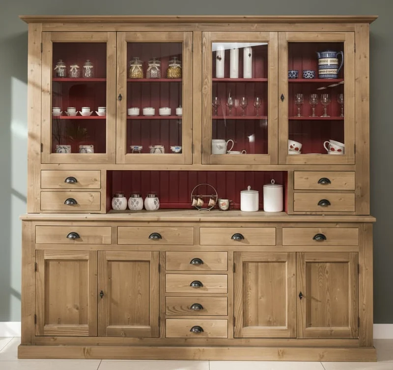 Großer Geschirrschrank aus Massivholz | Vitrine | 2-teilig | 8 Türen | 12 Schubladen