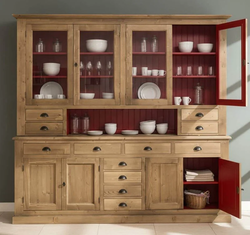 Großer Geschirrschrank aus Massivholz | Vitrine | 2-teilig | 8 Türen | 12 Schubladen