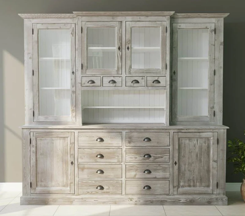Großer Geschirrschrank aus Massivholz | Vitrine | 2-teilig | 8 Türen | 12 Schubladen