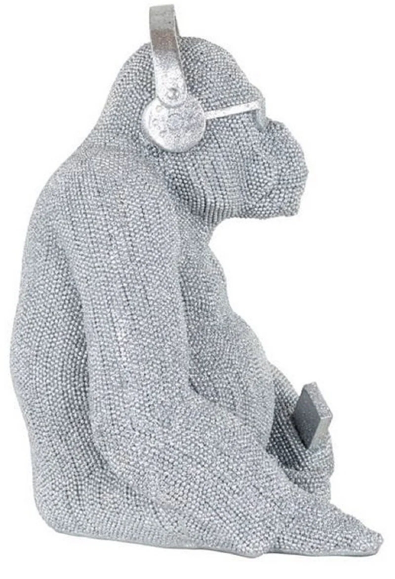 Casa Padrino Luxus Deko Figur Gorilla Affe Silber 26 x 24 x H. 35 cm - Kunstharz Deko Skulptur - Wohnzimmer Deko - Schreibtisch Deko - Luxus Deko Tierfigur