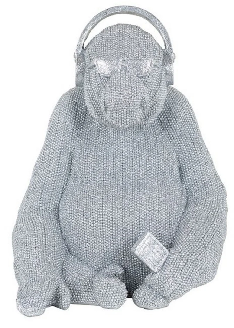 Casa Padrino Luxus Deko Figur Gorilla Affe Silber 26 x 24 x H. 35 cm - Kunstharz Deko Skulptur - Wohnzimmer Deko - Schreibtisch Deko - Luxus Deko Tierfigur