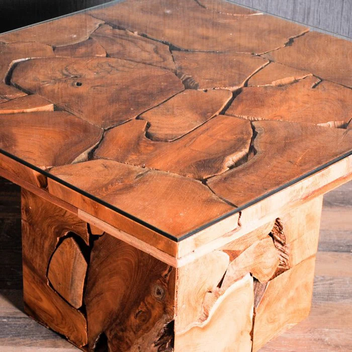 Massiver Couchtisch SQUARE aus Teakholz 80cm mit Glasplatte