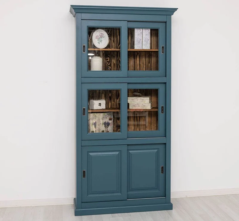 Geschirrschrank aus Massivholz | Küchenschrank | Vitrine | mit 6 Schiebetüren