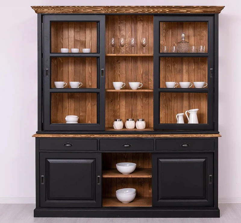 Geschirrschrank | Vitrine mit Glas-Schiebetüren| 2-teilig