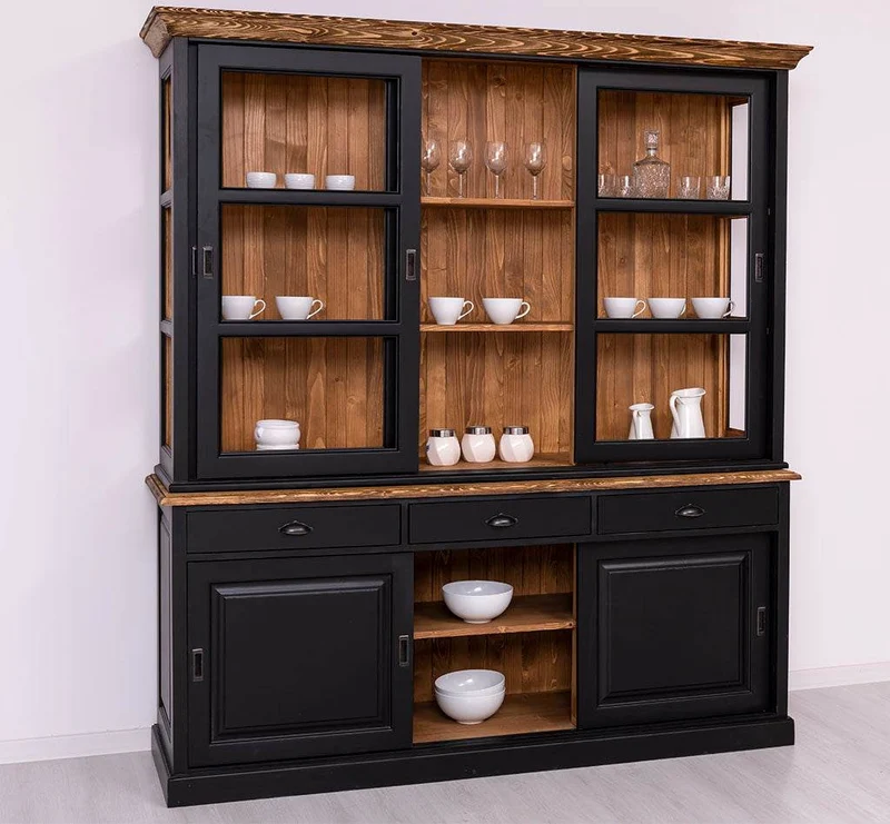Geschirrschrank | Vitrine mit Glas-Schiebetüren| 2-teilig