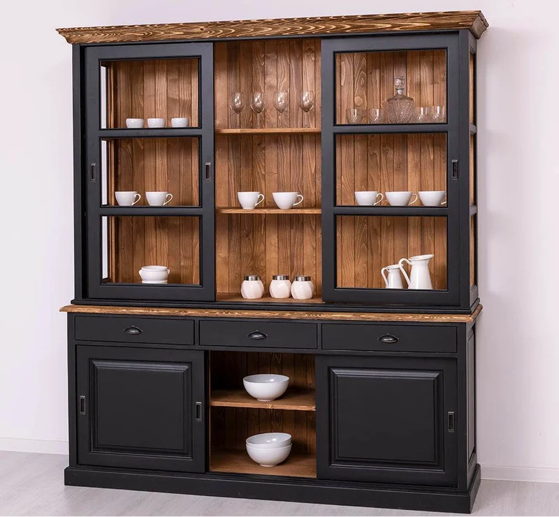 Geschirrschrank | Vitrine mit Glas-Schiebetüren| 2-teilig