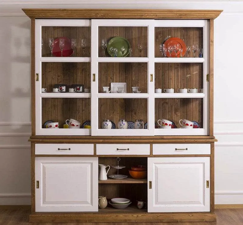 Geschirrschrank | Vitrine mit Glas-Schiebetüren| 2-teilig