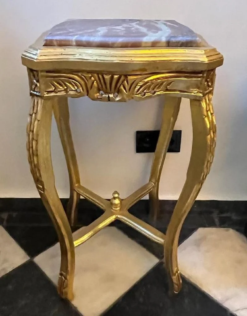 Casa Padrino Barock Beistelltisch Gold / Grau - Quadratischer Antik Stil Tisch mit Marmorplatte - Barockstil Wohnzimmer Möbel im Barockstil - Barock Möbel