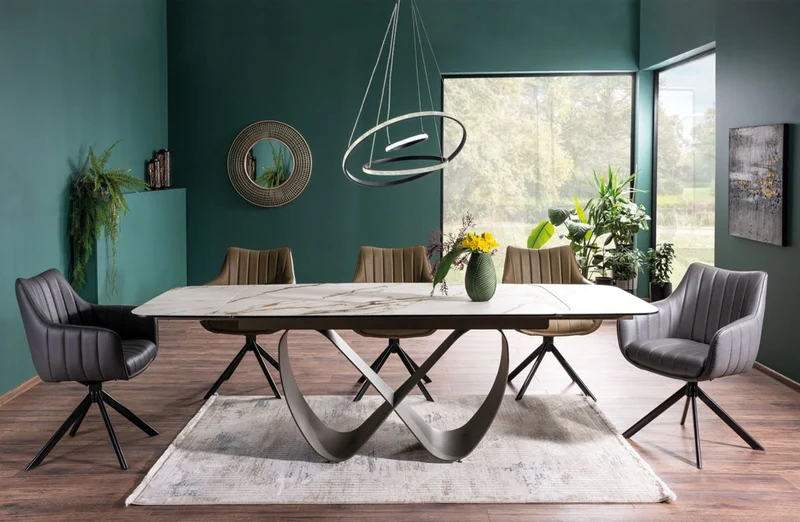 Casa Padrino Luxus Esstisch Weiß / Braun / Matt Schwarz 160-240 x 95 x H. 76 cm - Ausziehbarer Küchentisch mit gehärteter Glaskeramik Tischplatte - Esszimmer Möbel - Luxus Möbel