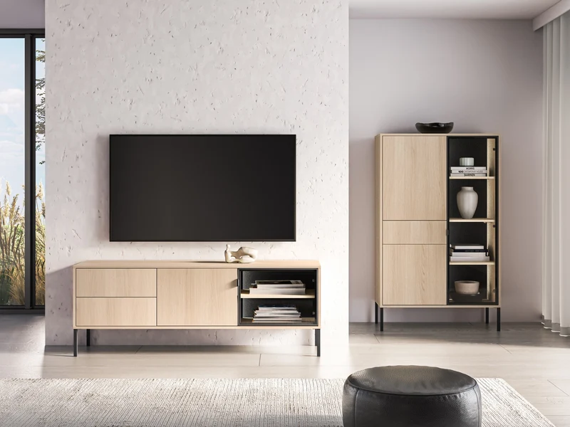 Zweiturige TV-Kommode Barnee mit Schubladen und Beleuchtung, 160 cm, Lindberg-Eiche