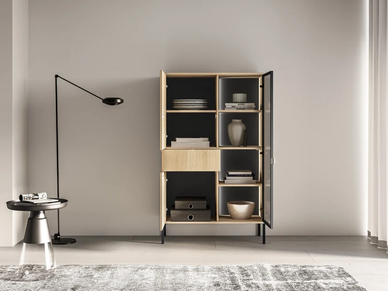 Drehtür-Vitrine Barnee mit Schublade und Beleuchtung, 92 cm, Lindberg-Eiche