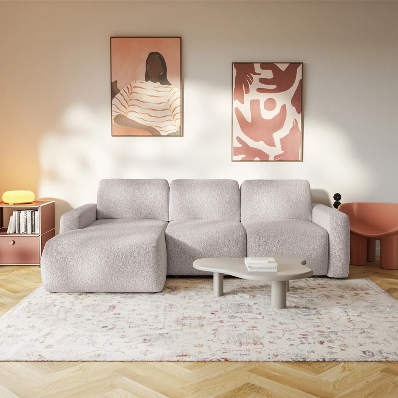 Ecksofa mit Schlaffunktion Carnos Mini, L-förmig, linksseitig, beige Chenille