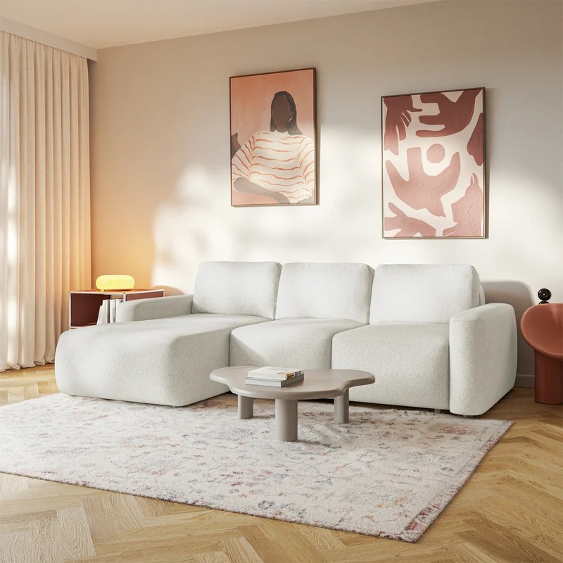 Ecksofa mit Schlafunktion Carnos Mini, L-förmig, linksseitig, cremefarben, pflegeleichter Chenillestoff