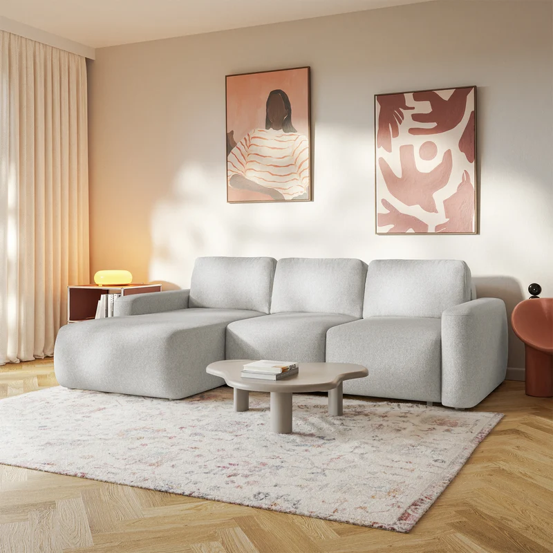 Ecksofa mit Schlaffunktion Carnos Mini, L-förmig, linksseitig, grau-beige, pflegeleichter Chenille-Stoff