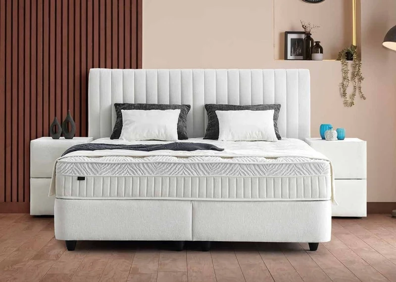 Casa Padrino Luxus Boxspringbett mit Kopfteil in Streifenoptik Weiß 160 x 200 cm - Luxus Schlafzimmer Möbel