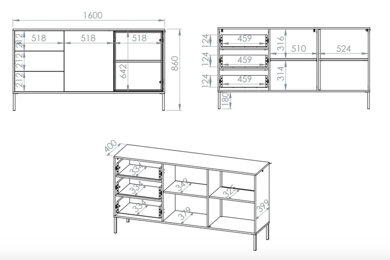 Zweiturige Kommode Barnee mit Schubladen und Beleuchtung, 160 cm, Kaschmir