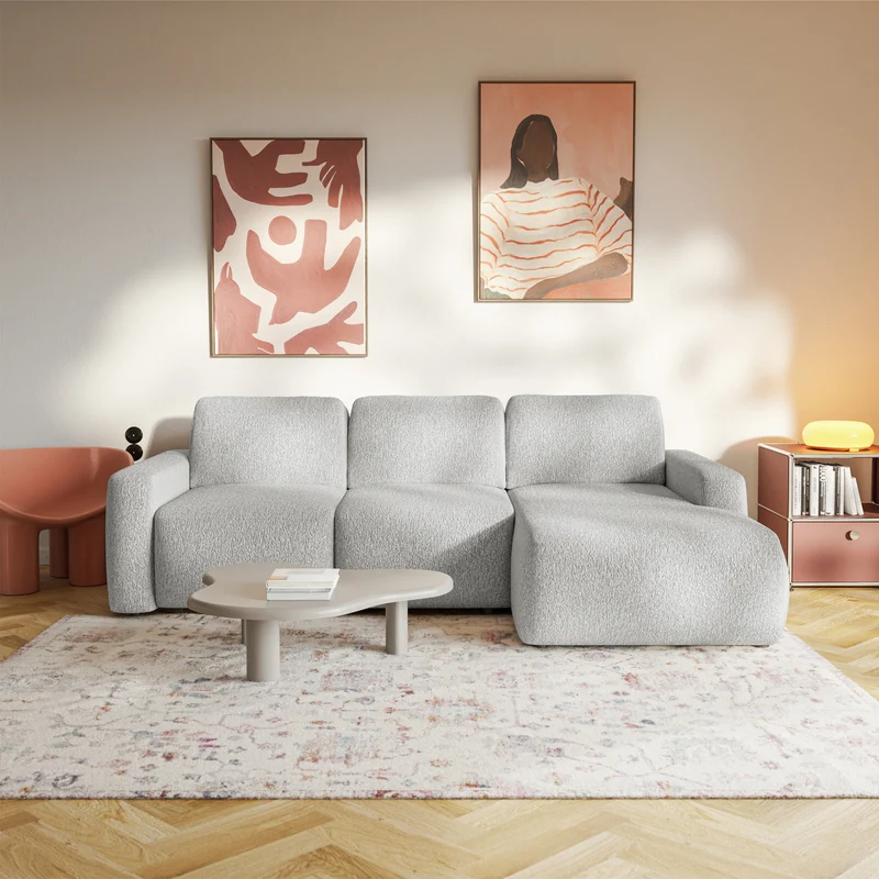 Ecksofa mit Schlafunktion Carnos Mini, L-förmig, rechtsseitig, hellgrauer Chenille-Stoff