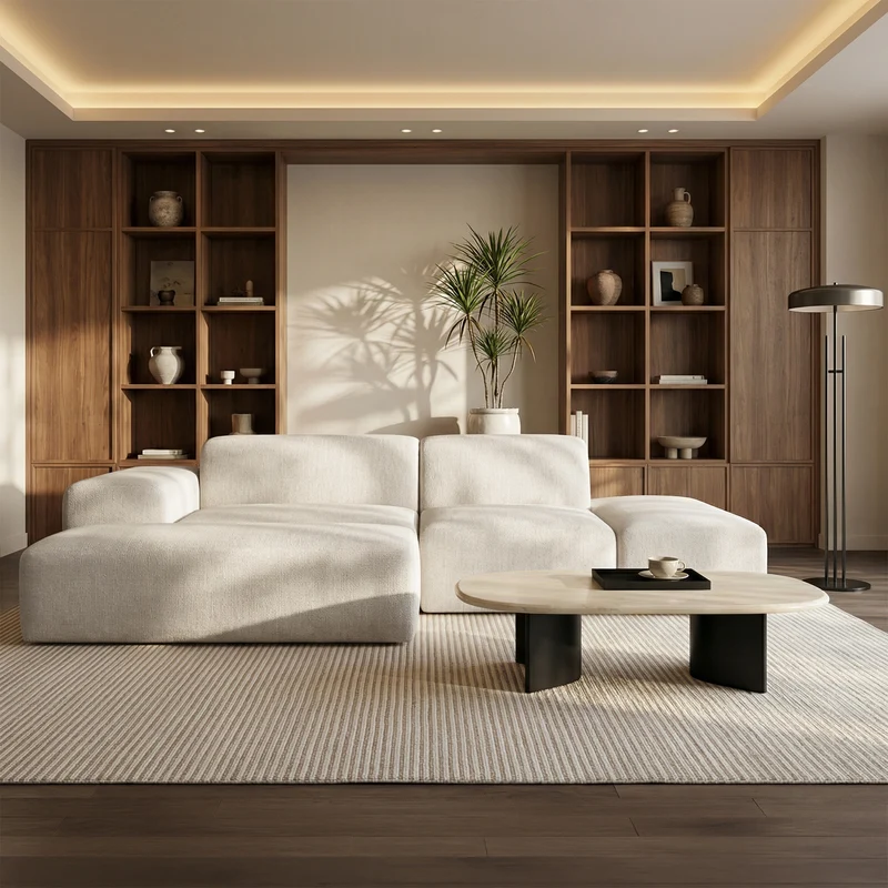 Modulares Ecksofa Pyllomi, L-förmig mit Hocker, cremefarbenes Geflecht