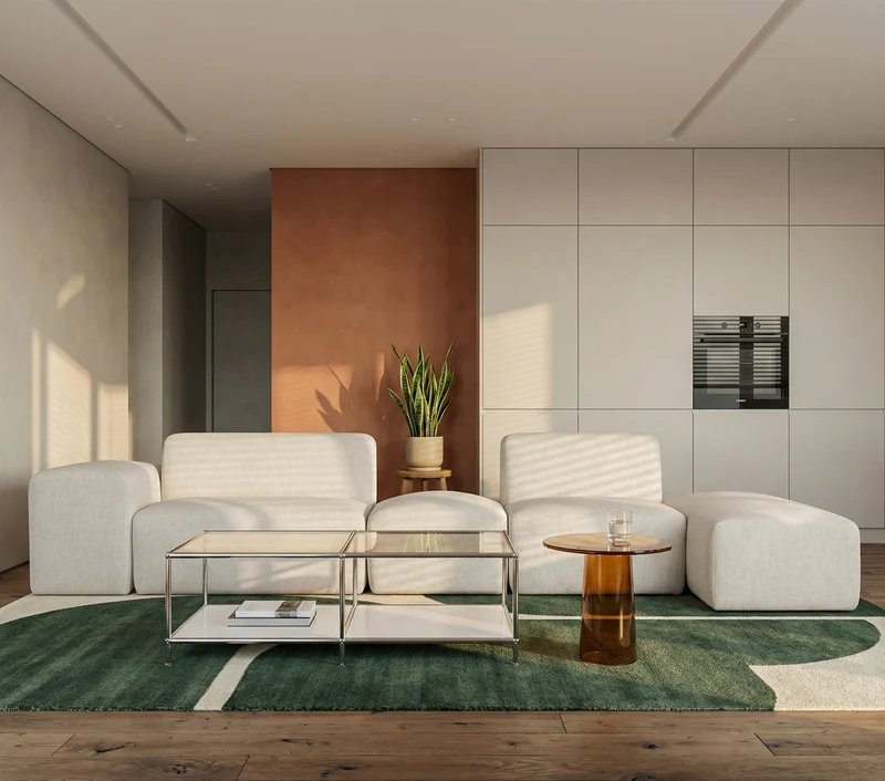 Modulares Ecksofa Pyllomi, L-förmig mit Hocker, cremefarbenes Geflecht