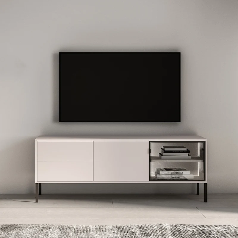 Zweiturige TV-Kommode Barnee mit Schubladen und Beleuchtung, 160 cm, Kaschmir