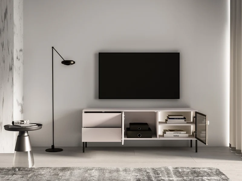 Zweiturige TV-Kommode Barnee mit Schubladen und Beleuchtung, 160 cm, Kaschmir
