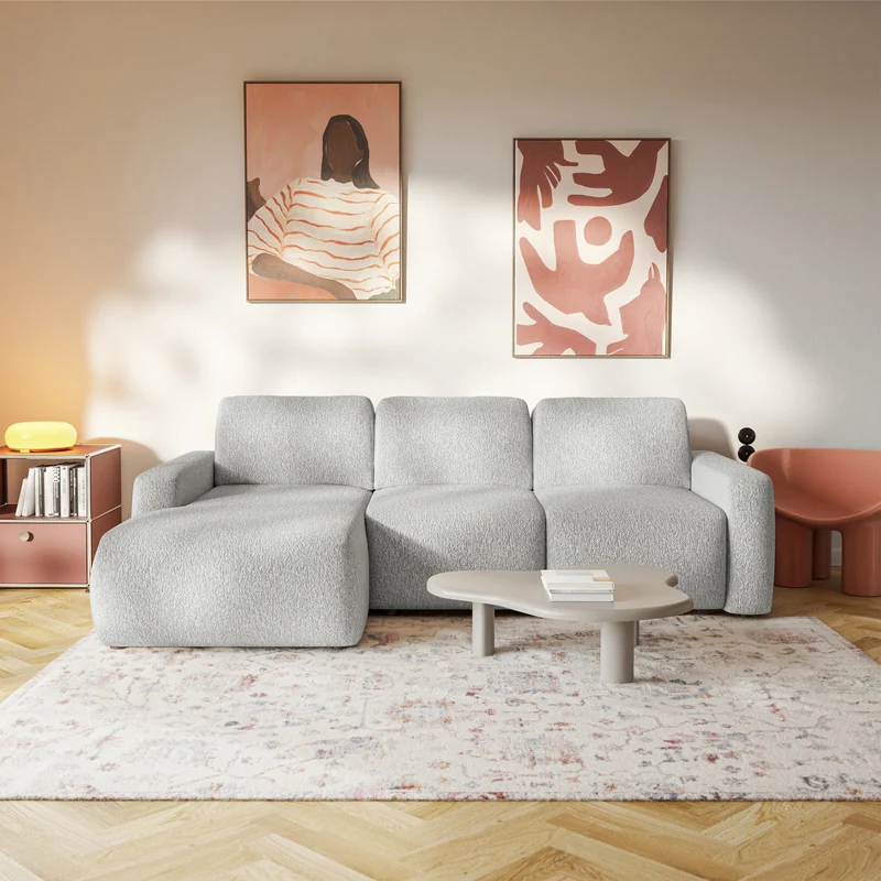 Ecksofa mit Schlaffunktion Carnos Mini, L-förmig, linksseitig, hellgrauer Chenille-Stoff