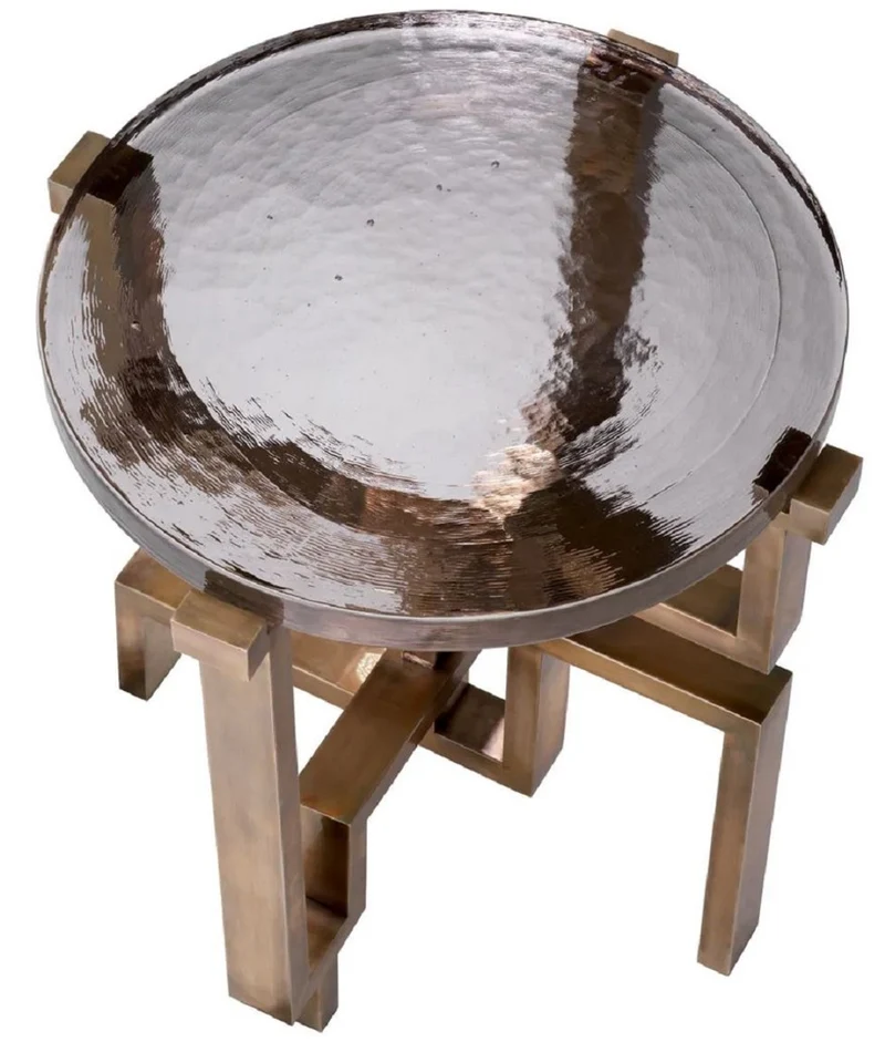 Casa Padrino Luxus Beistelltisch Vintage Messing Ø 57 x H. 56 cm - Runder Edelstahl Tisch mit Glasplatte - Luxus Möbel - Wohnzimmer Möbel - Luxus Einrichtung - Wohnzimmer Einrichtung