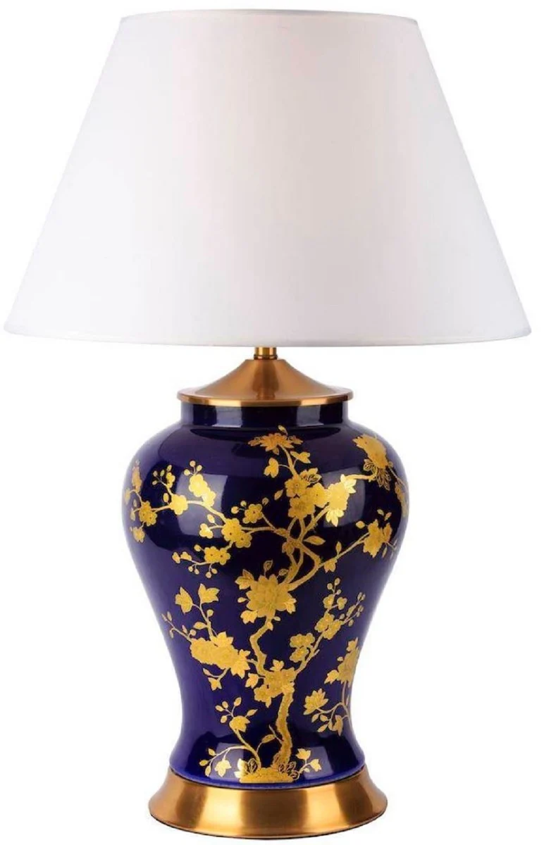 Casa Padrino Luxus Keramik Tischleuchte Blau / Gold / Weiß Ø 42 x H. 72 cm - Runde Keramik Schreibtischleuchte mit Lampenschirm - Luxus Keramik Leuchten