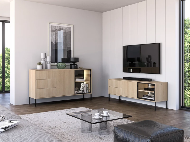 Zweiturige TV-Kommode Barnee mit Schubladen und Beleuchtung, 160 cm, Lindberg-Eiche