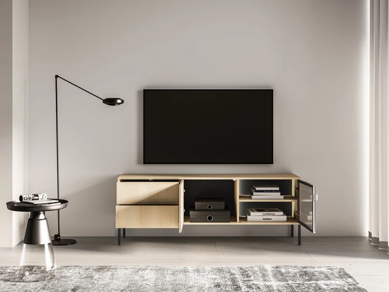 Zweiturige TV-Kommode Barnee mit Schubladen und Beleuchtung, 160 cm, Lindberg-Eiche