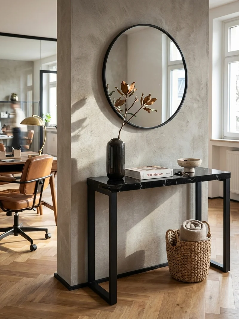 Konsolentisch – Marmoroptik Schwarz, 120x40x76 cm, Hochglanz, Metallbeine