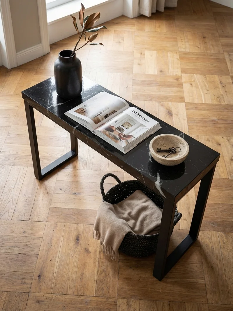 Konsolentisch – Marmoroptik Schwarz, 120x40x76 cm, Hochglanz, Metallbeine