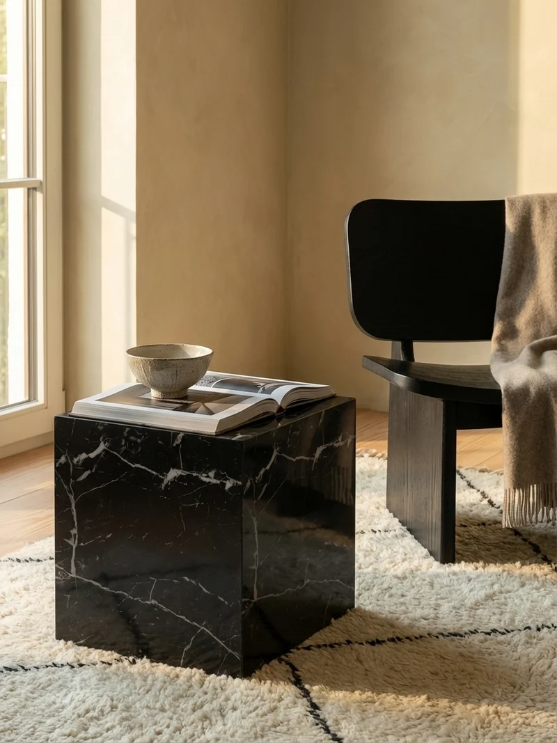 Couchtisch MONOBLOC in Hochglanz mit Marmor-Optik, Würfelform