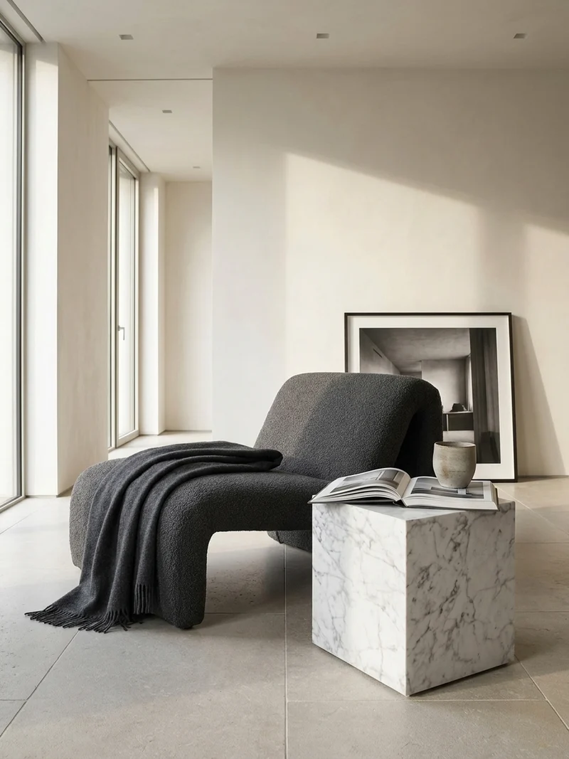 Couchtisch MONOBLOC in Hochglanz mit Marmor-Optik, Würfelform