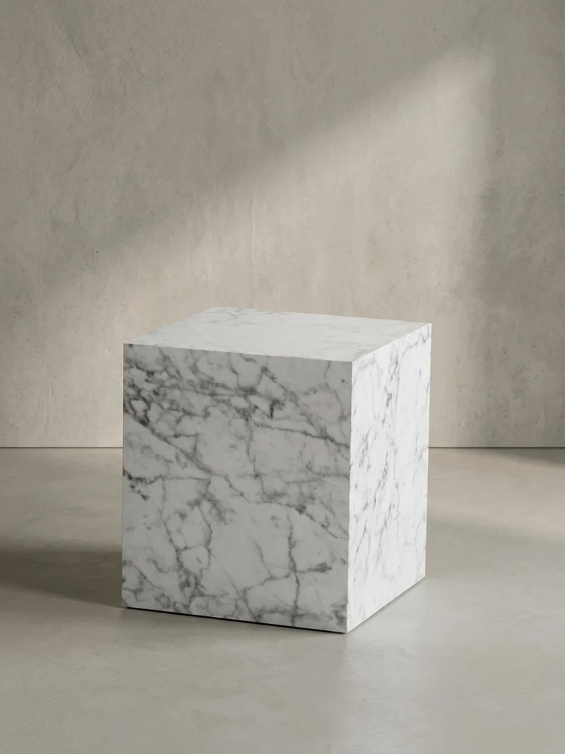 Couchtisch MONOBLOC in Hochglanz mit Marmor-Optik, Würfelform